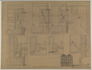 217664 Details (doorsneden) van de voorgevel van het pand Nieuwegracht 17 te Utrecht en een opstand van de voorgevels ...